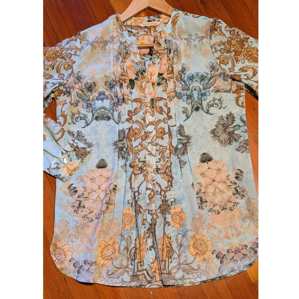 Soft Surroundings Blue Gold Baroque Floral Pintuck Blouse size Small boho - Picture 2 of 11
